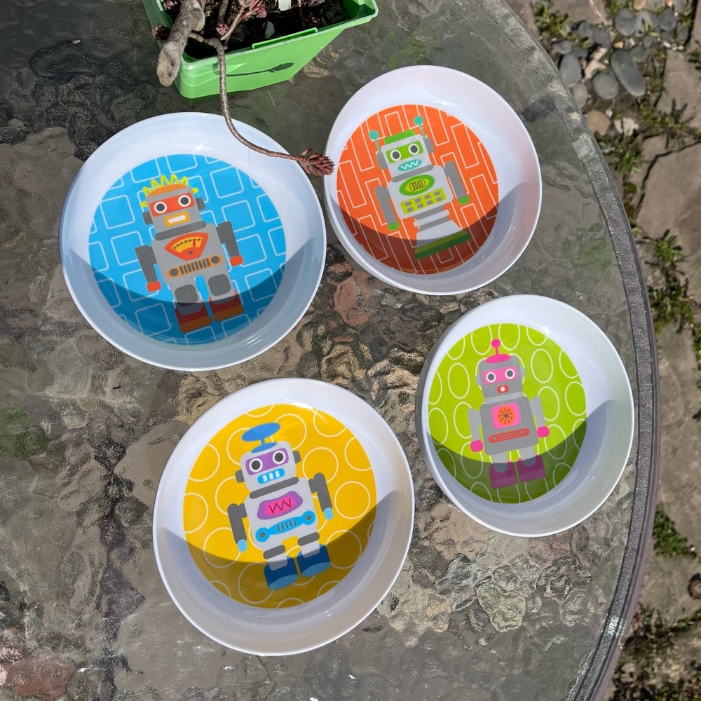 Set of 4 French Bull Robot Themed Shallow Bowls - Melamine
